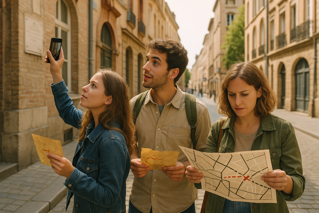 Trois jeunes adultes explorant une ville, tenant des cartes au trésor et un téléphone, visiblement en pleine activité d’aventure urbaine ou de chasse au trésor, dans une rue pavée entourée de bâtiments anciens.
