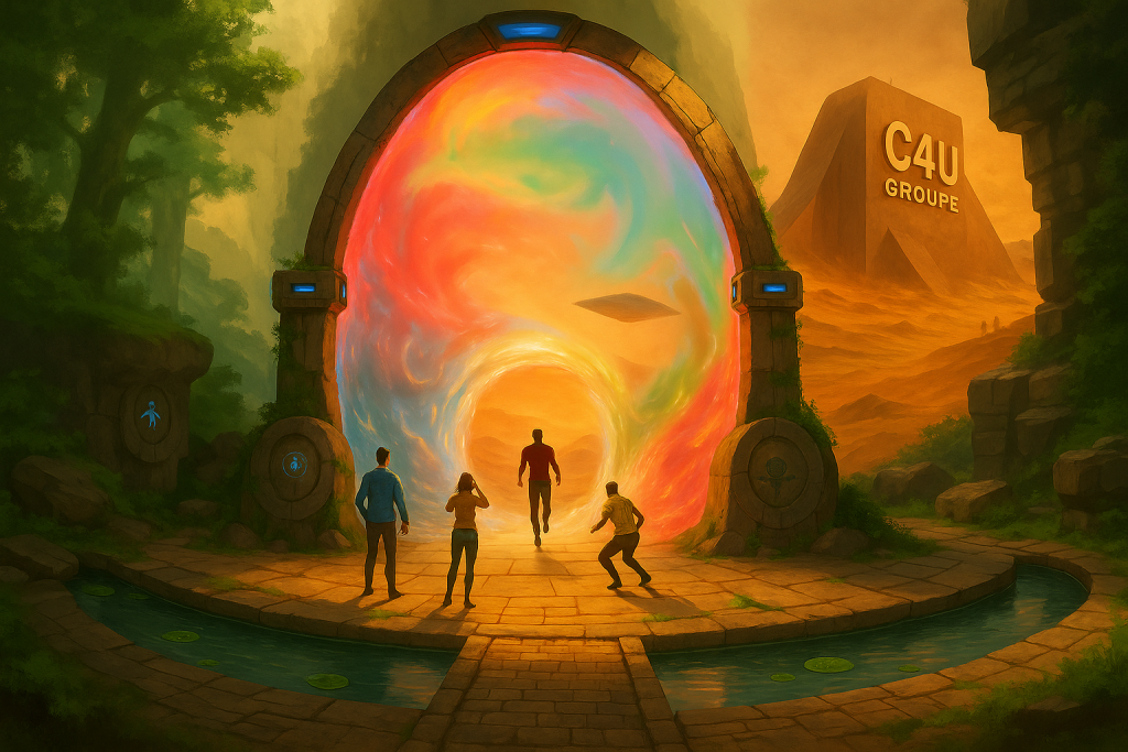 Quatre personnes devant un portail lumineux multicolore dans une forêt mystérieuse, prêtes à explorer un univers inconnu. En arrière-plan, un paysage désertique avec un bâtiment futuriste marqué "C4U GROUPE", évoquant une aventure vers de nouveaux mondes.
