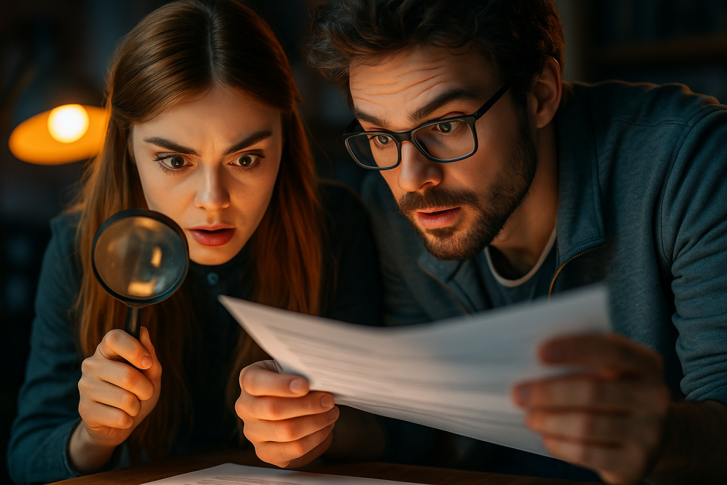 Un homme et une femme lisent attentivement un document à la lumière d’une lampe. La femme tient une loupe, l’homme porte des lunettes. Leur expression montre une intense concentration.