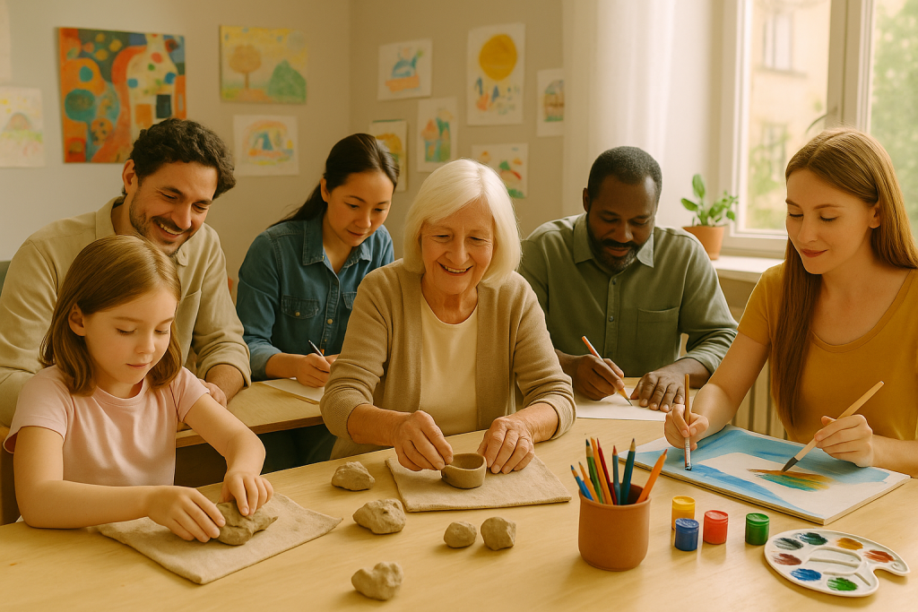 Groupe intergénérationnel de personnes créant ensemble dans un atelier artistique, modelant de l’argile, dessinant et peignant autour d’une table, dans une ambiance chaleureuse et lumineuse.