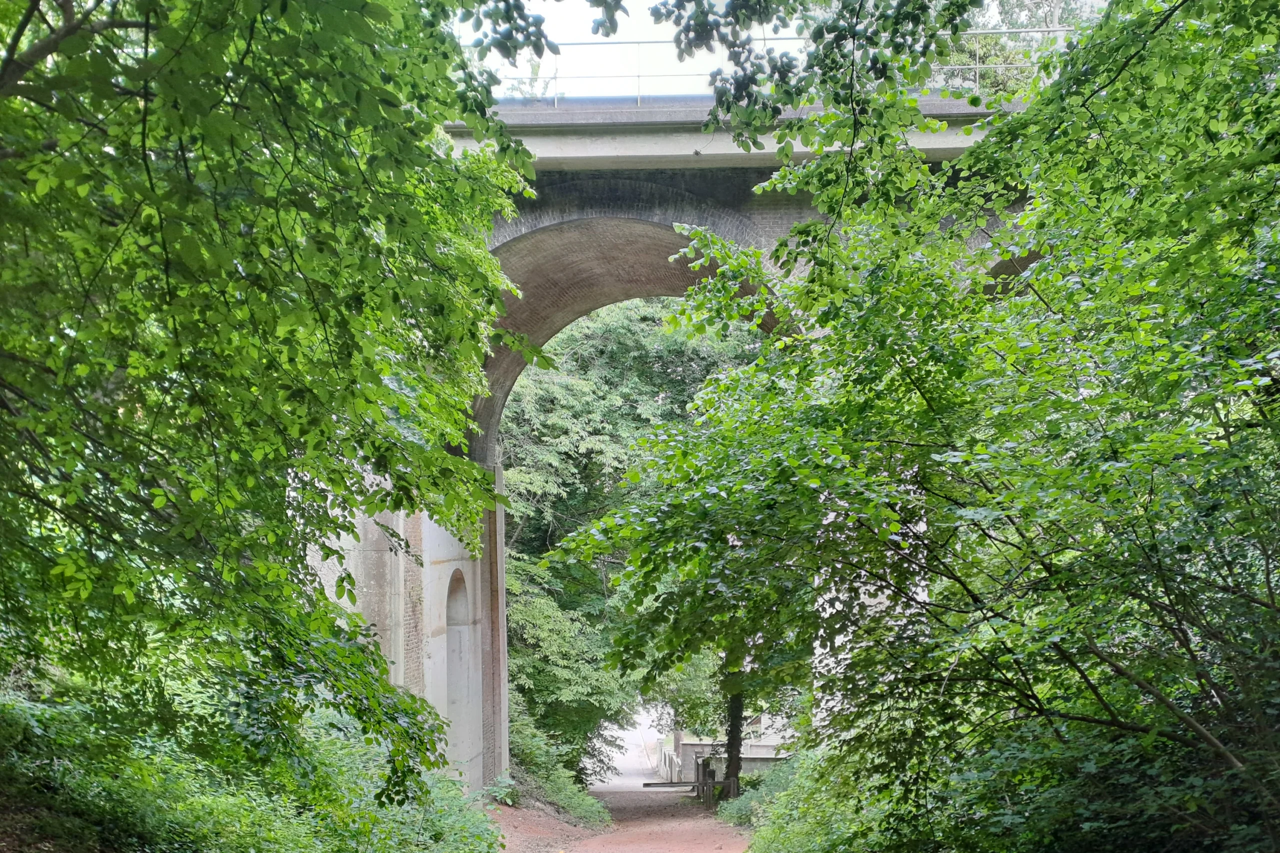 Le viaduc ferroviaire marquant l'entrée nord du Massif de la Madeleine d'Évreux, en milieu de printemps. L'une des nombreuses curiosités que vous pouvez découvrir au cours d'un Circuit nature C4U.